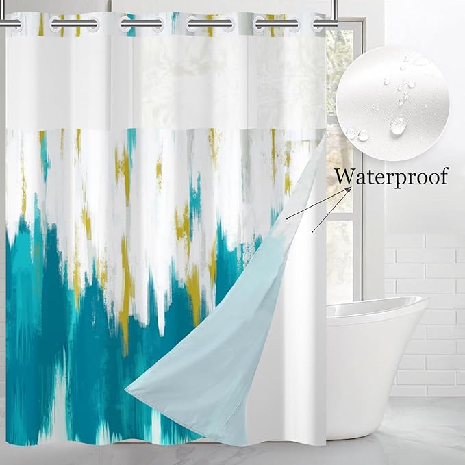 No Hook Shower Curtain with Snap in Liner, Hotel Style Teal Blue White Gold Brush Strokes Art Modern Shower Curtain Waterpoof Washable with See Through Top Window,71"x86"