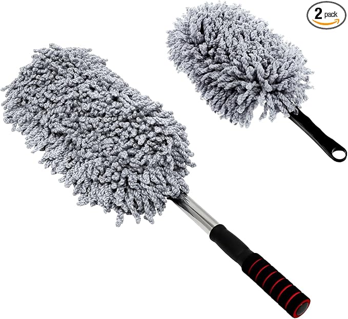 2 PCS Microfiber Car Dusters, Scratch Free Auto Exterior Dust Brust Set with Extendable Duster, Multipurpose Soft Brushes Dusting Supplies for Cars Trucks SUVs Motorcycles (Gray)