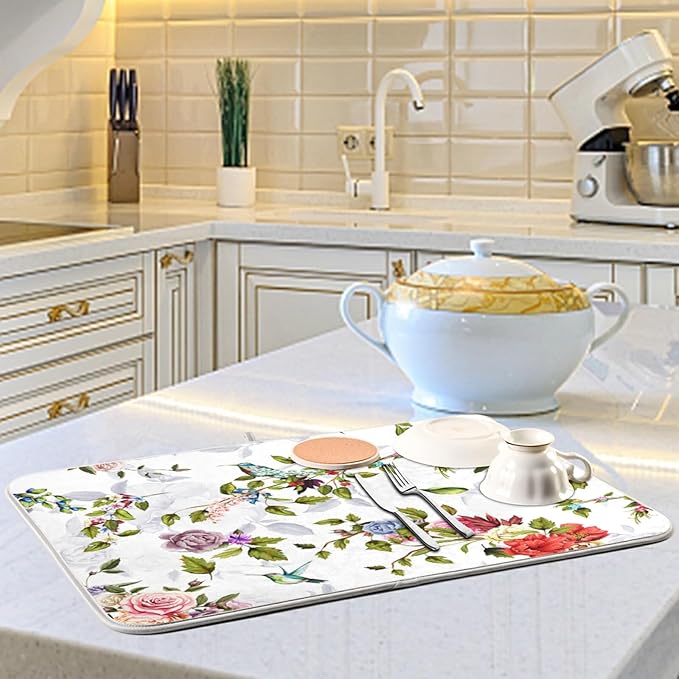 Tarity Rose Peony Poppy Hummingbirds Dish Drying Mat for Kitchen Counter Absorbent Heat Resistant Microfiber Dishes Drainer Mat 18x24 in Large Dish Pad Sink Mat Protective Pad Kitchen Decor