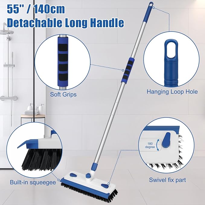Qaestfy Floor Grout Scrub Brush with Squeegee 3 in 1, 55'' Extendable Long Handle Floor Scrubber Cleaner Brush for Scrubbing Deck, Tile, Garage, Patio, Concrete, Rug, Shower Bathroom