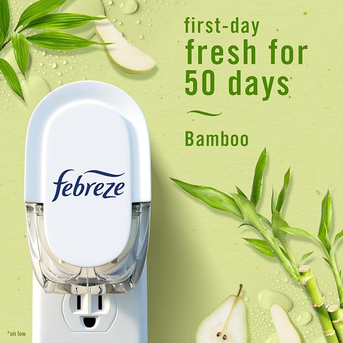 Febreze Plug-In Air Freshener, Odor-Fighting Scented Oil Starter Kit, Air Fresheners for Home and Bathroom and Kitchen, Long Lasting for Strong Odors, Bamboo Scent, Warmer + 4 Refill
