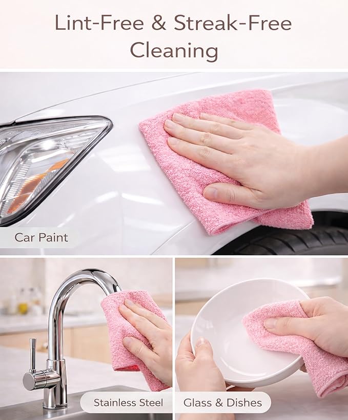 Microfiber Cleaning Cloth Roll - 100 Pack Tear Away Microfiber Paper Towels, Reusable, Washable, Scratch-Free, Kitchen Towels for Car, Home, Kitchen, Glass, Dishes(Pink)