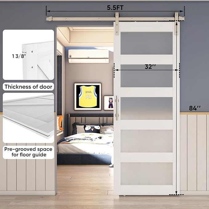 BARNSMITH 32in x 84in Glass Barn Door with 5.5FT Brushed Nickle Sliding Door Hardware Included & Handle,5-Panel Frosted Glass Solid Wood Water-Proof PVC Surface,Pre-Drilled Easy Assembly,White