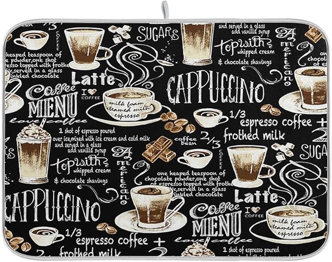 Coffee Black Dish Drying Mat for Kitchen Coffee Beans Maker Cappuccino Latte Chocolate Microfiber Drying Mats Absorbent Reversible Dish Pad Large Dish Draining Mat 18x24 inch