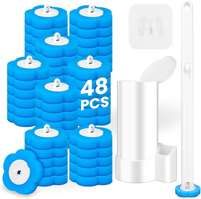 KOKL Disposable Toilet Brush, Toilte Wand Kit, Toilet Brushes and Holders with 48 Refills, Toilet Bowl Brush, Toilet Bowl Cleaning Wands, Toilet Cleaning System for Bathroom Maintenance