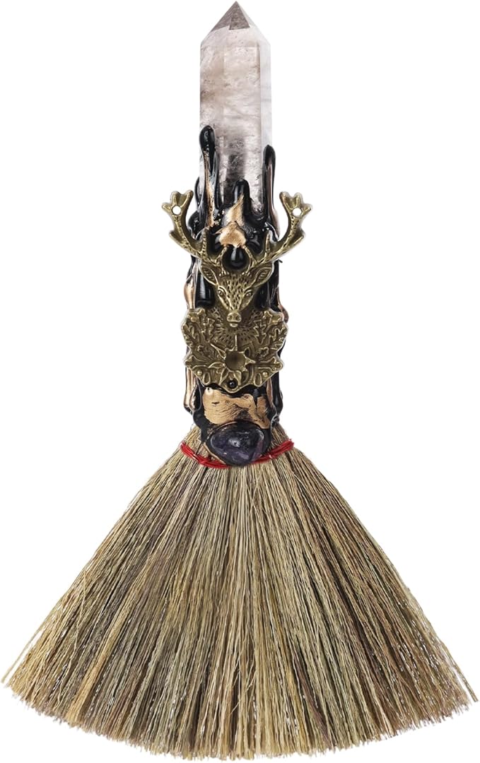 Smoky Quartz Witch Broom - Witchcraft Supplies with Deer Design Mini Witches Broomstick Altar Supplies with Natural Healing Crystals Wiccan Supplies Prayers Meditation Therapy Decor
