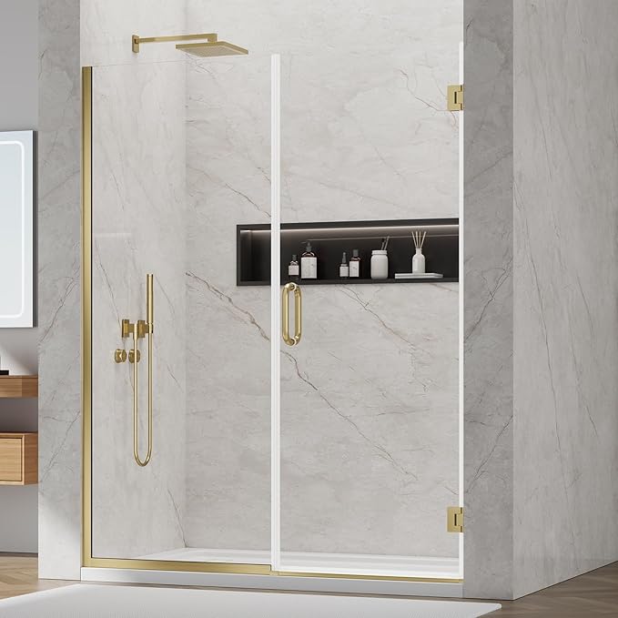 Pivot Shower Door, Adjustable Width 58.5-60" W x 76" H Hinged Shower Glass Door with 3/8" (10mm) Clear SGCC Tempered Glass with Nano Easy-Clean Coating, L01 Brushed Gold