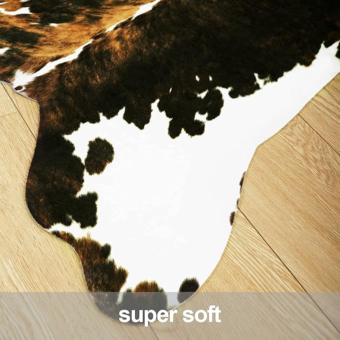 Amearea Faux Cow Hide Rug 5.2x4.6 Feet, Premium Western Home Decor Cow Print Rugs for Living Room, Faux Leather Animal Cowhide Carpet for Bedroom, Dining Traditional Cow Print Stuff Carpets, Brown