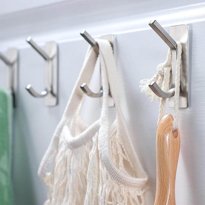 Taozun Upgraded 4-Pack Brushed Stainless Steel Adhesive Hooks - Stylish Bathroom & Coat Hooks Holder for Towels, Robes