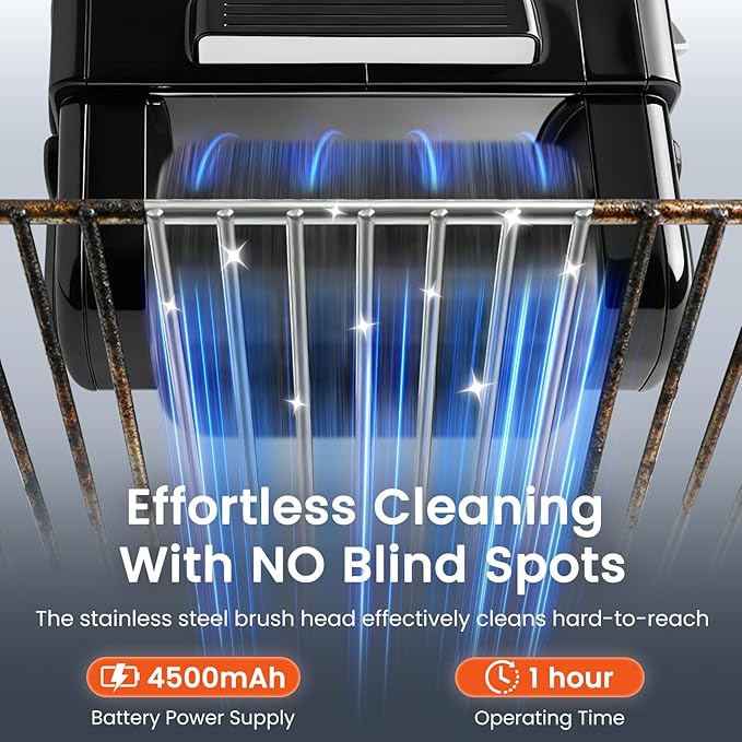 Electric Rotary Grill Brush, 950 RPM Cordless Rechargeable BBQ Tool with 4500mAh Battery, LED Light, 304 Stainless Steel Brush Head, No Preheating Grill, Heavy Duty Grill Clean Tool for Outdoor Grill