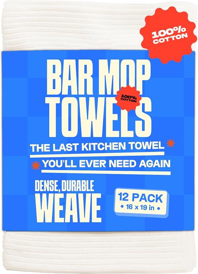 Absorbit Bar Mop Towels 100% Cotton 16x19 (12 Pack) Super Absorbent, Bleach Safe, No Fray Ribbed Terry Cloth