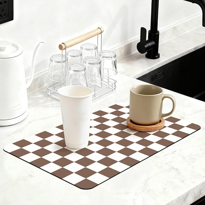 16" x 24" Checkered Dish Drying Mat for Kitchen Counter, Absorbent Coffee Bar Mat for Espresso Machine Coffee Countertops Accessories (Coffee Brown)