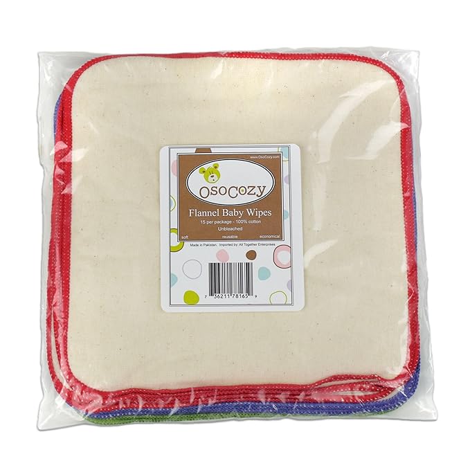 OsoCozy Flannel Cloth Baby Wipes - Reusable and Washable Saves Money - 15 Pack Unbleached/Natural 100% Cotton - Soft and Durable - Colorful Outer Stitching - 8 x 8 inches each.