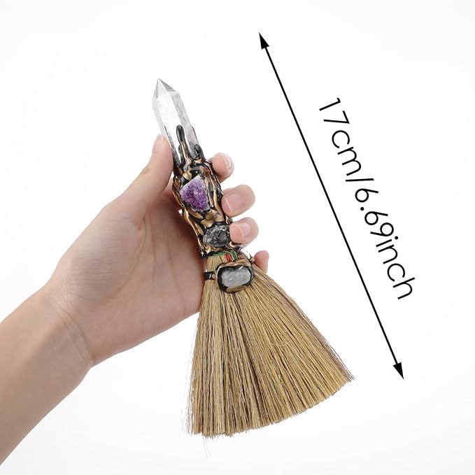 White Crystal Witch Broom - Witchcraft Supplies Mini Witches Broomstick with Amethyst Clusters Altar Supplies with Natural Healing Crystals Wiccan Supplies Prayers Meditation Therapy Decor