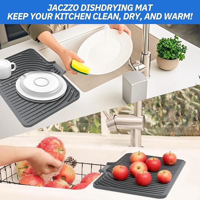 Silicone Dish Drying Mat for Kitchen Counter, 19.7" x 17.2" Large Drying Mat with Built-in Drain Lip, Heat Resistant Countertop Protector Pad, Fast Drying & Easy Clean, Grey