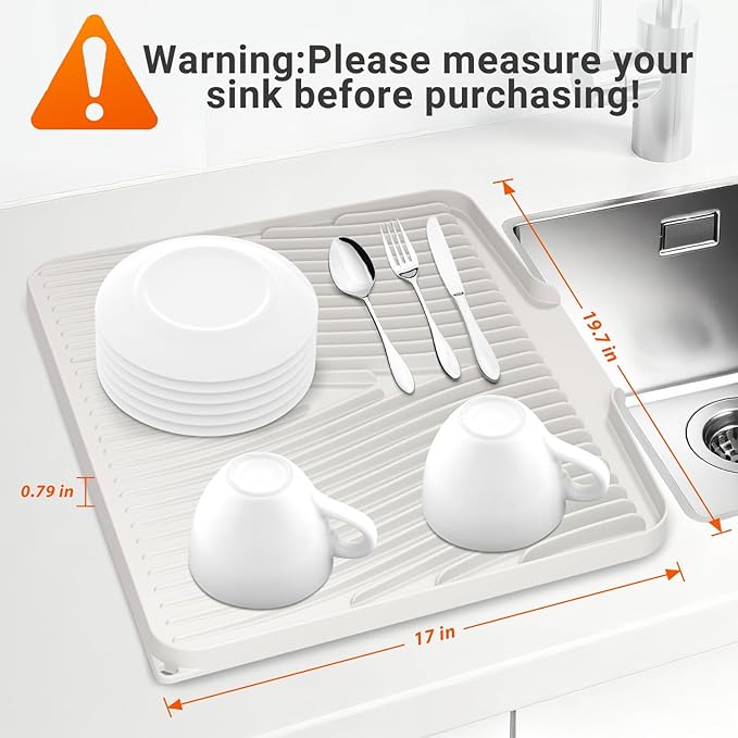 Silicone Dish Drying Mat for Kitchen Counter, Dish Drying Pad, Non-Slip Drain Pad with Built-in Drain, Heat Resistant Stone Drying Mat,Cream, 2pcs-XL