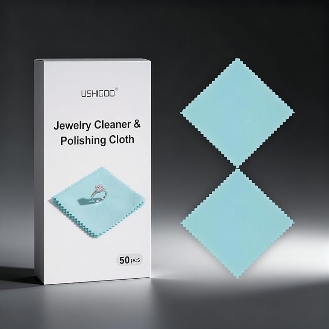 50pcs Jewelry Cleaning & Polishing Cloth for Silver,Gold,Platinum,Easy to Carry,Wipe and Care.Pre-Treated Ultrasoft Fabric with Tarnish Remover Jewelry Cleaner(3x3 Aqua Blue)