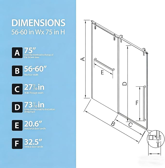 Frameless Shower Door, 56-60" W x 75" H 5/16" 8mm Glass Sliding Shower Doors with Explosion-Proof Film, Shower Doors for Walk in Shower with Clear Tempered Glass Stainless Steel Hardware, Matte Black