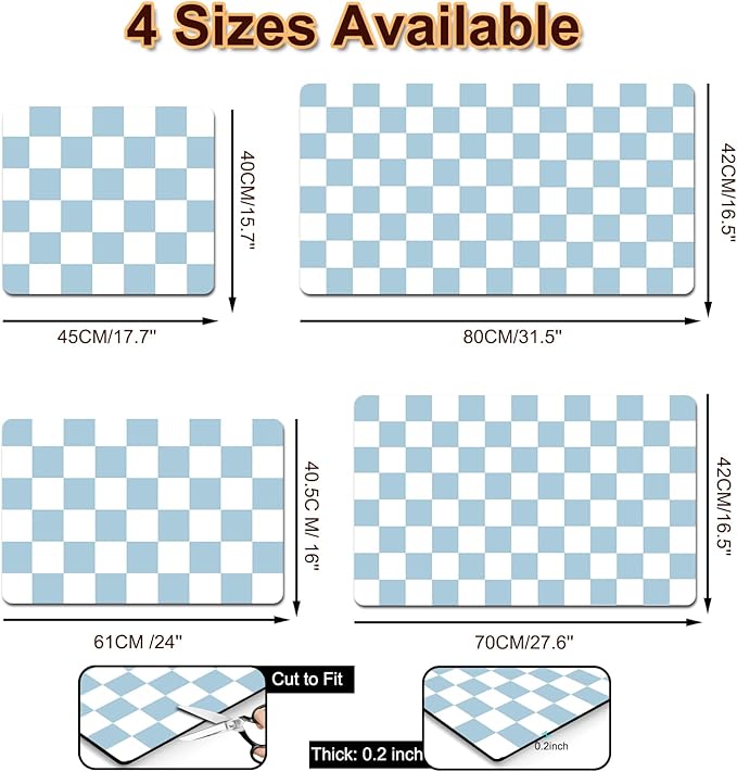 Dish Drying Mat for Kitchen, 16'' x 24'' Checkered Coffee Bar Mat for Countertops, Coffee Station Mat with Non-slip Rubber Backed, Absorbent Dish Dying Pat for Kitchen Counter, Blue & White