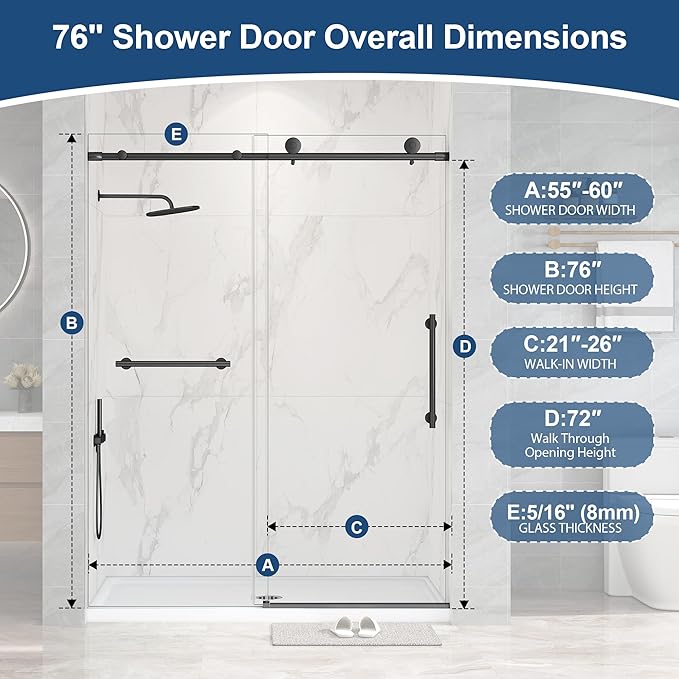 Frameless Shower Door,5/16" (8mm) Glass Sliding Shower Door with Soft-Close & Anti-Leak,Nano Coating Anti-Explosion Film SGCC Tempered Glass 55"- 60" W x 76" H,Matte Black