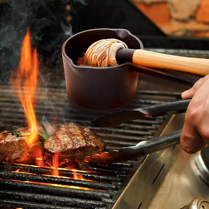 Cast Iron Sauce Pot and BBQ Mop Brush Set for Grilling, 7 Pcs Barbecue Accessories Include Basting Melting Saucepan, Wooden Sauce Mop with 4 Replacements for Meat Smoker, Grill, Stove