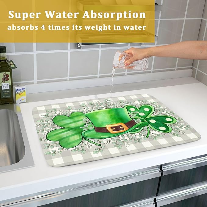 Khope St Patrick's Day Dish Drying Mat for Kitchen Counter 18x24 Inch Green Shamrock Hat Eucalyptus Leaves Reusable Washable Drying Pad Countertop Home Decor