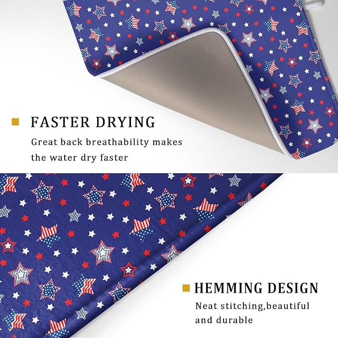 Khope 4th of July Navy Blue Dish Drying Mat for Kitchen Counter 18x24 Inch Memorial Day American Flag Stars Reusable Washable Drying Pad Countertop Home Decor