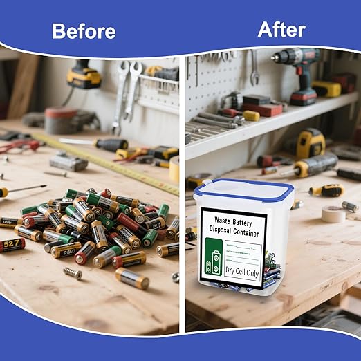 Battery Disposal Container with Label and Date Recording Pen| Used Dry-Cell Battery Recycling Container|Battery Processing Container | Battery Organizer Container