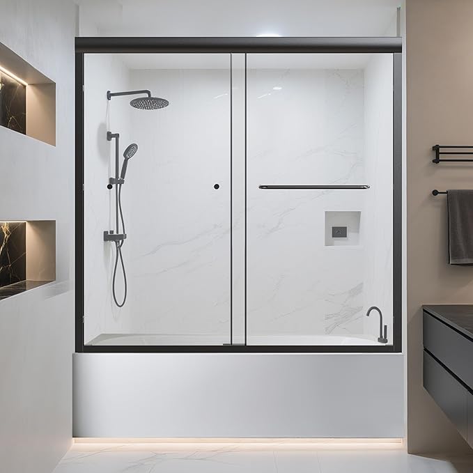 56-60" W x 58" H Semi-Frameless Tub Shower Door, Bypass Double Sliding Bathtub Shower Glass Doors with 1/4" (6mm) Clear SGCC Tempered Glass and Stainless Steel Handles, Matte Black