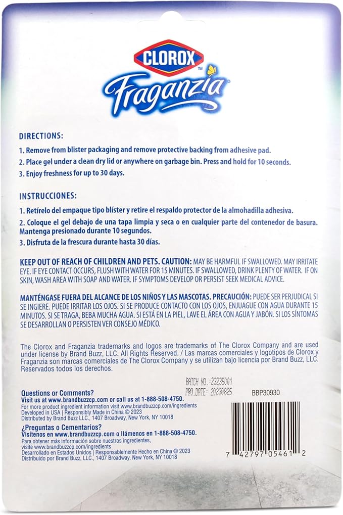 Clorox Fraganzia Stick-On Gel Fresheners, Lavender with Eucalyptus Trash Can Deodorizer Up to 30 Days Scent, Odor Absorber for Kitchen, Bathroom, Closet, No Plug or Batteries, 0.12 Fl Oz, 6 Count