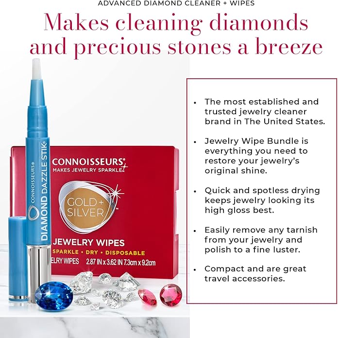 CONNOISSEURS Premium Edition Compact Jewelry Wipes No Rinse Gold and Silver Jewelry Cleaner, Polish and Remove Tarnish to Restore Brilliance, Dry Disposable Wipes, Diamond Dazzle Stik