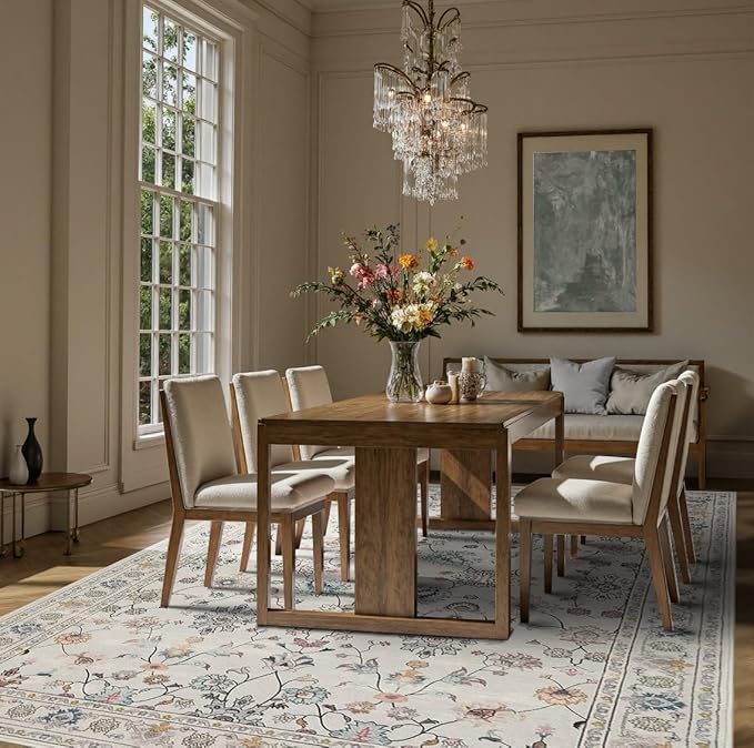 8x10 Rugs for Living Room & Bedroom,Floral Washable Rug,Boho Area Rug, Large Non Slip Low Pile Wool Carpet for Indoor Dining Room,Girls Room,Nursery Room and Kids Room(Grey 8x10ft)