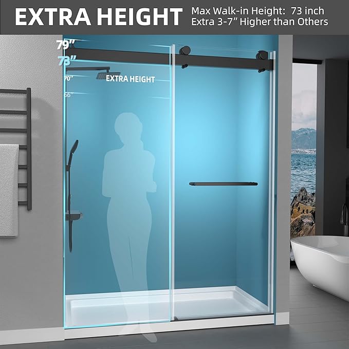 GETPRO Shower Door Frameless 57-60" W x 79" H Double Sliding Bathroom Shower Doors 3/8 Inch Clear Tempered Glass Door for Walk-in Shower with Soft Close and Width Adjustable Matte Black