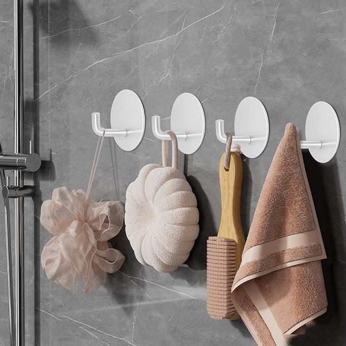 Adhesive Hooks for Bathrooms, 4 Piece Towel Hooks for Hanging Hat Robe Coat, Stick on Hooks for Kitchens, Strong Self-Adhesive No Damage Waterproof Stainless Steel Sticky Hook (White)