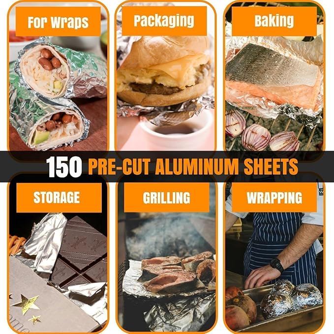 150 sheets Insulation Sandwich Wrapping Paper Aluminum Foil Sheets - 10 3/4" x14" - Aluminum Foil Sandwich Wrap Sheets For Sandwich Wraps, Burritos and BBQ