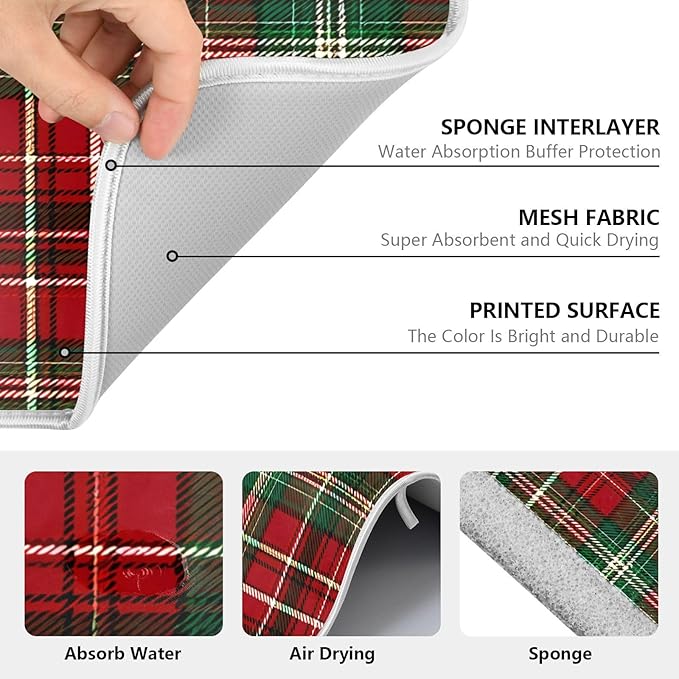 Christmas Red Green Buffalo Checkered Dish Drying Mat for Kitchen Counter Absorbent Microfiber Large Drying Pad Dish Mats for Kitchen Countertops 18 x 24 Inch