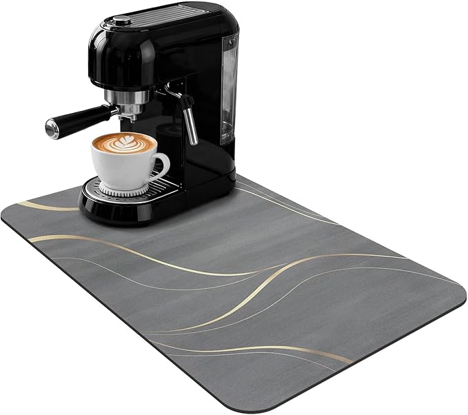 Dish Mat 24x16 Inch, Light Gray Streamline, Absorbent Hide Stain Rubber Backed Dish Drying Mat for Kitchen Counter,Bar Mat for Countertops, Under Coffee Bar Station Maker Machine Pot Espresso Machine