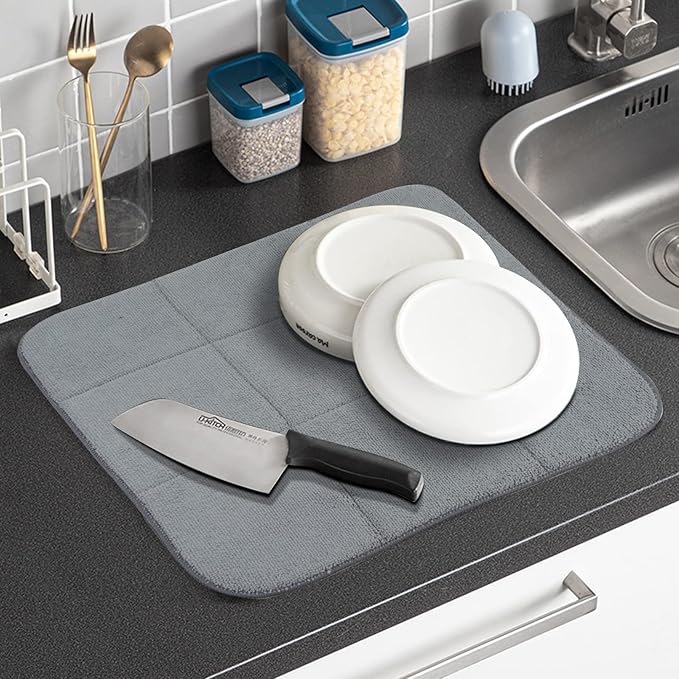 SINLAND Microfiber Dish Drying Mat Super Absorbent Dish Drying Pad for Kitchen Counter, Mat for Countertops or Sinks 16X18Inch Dark Grey 2 Pack