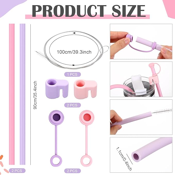Baderke 2 Set Extra Long 35" Reusable Silicone Straws Compatible with Stanley 40 oz Tumbler Large Water Wine Bottle Flexible Drinking Straws & Cleaning Brushes Tumbler Accessories (Pink,Purple)