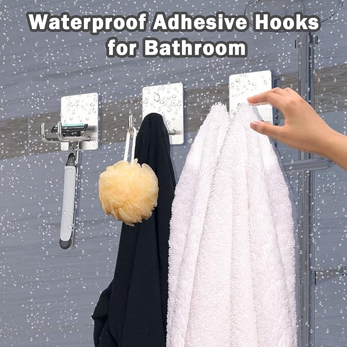 Adhesive Hooks, Stick on Stainless Steel Towel Robe Razor Wall Hooks for Bathroom Kitchen, Sticky Heavy Duty Durable Shower Hangers for Hanging Hat Coat Key Silver(6pcs)