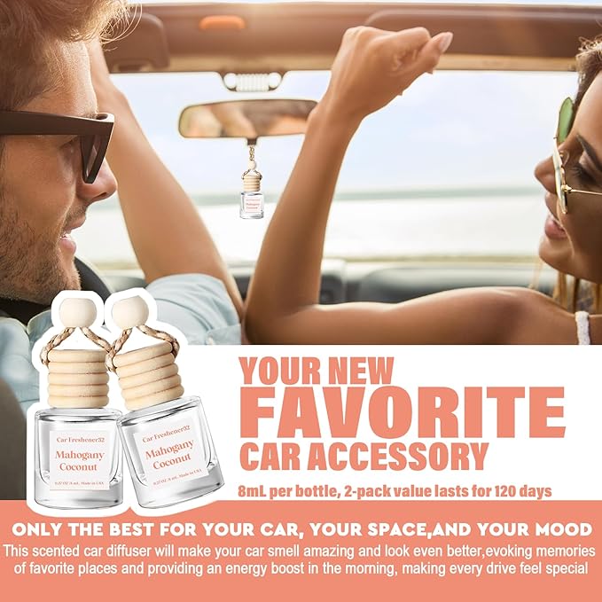 HoogaLife Car Air Freshener Diffuser 2 Pack Hanging Mahogany Coconut Car Air Freshener for Women 45+ days Long Lasting Fragrance Made in USA (M32)