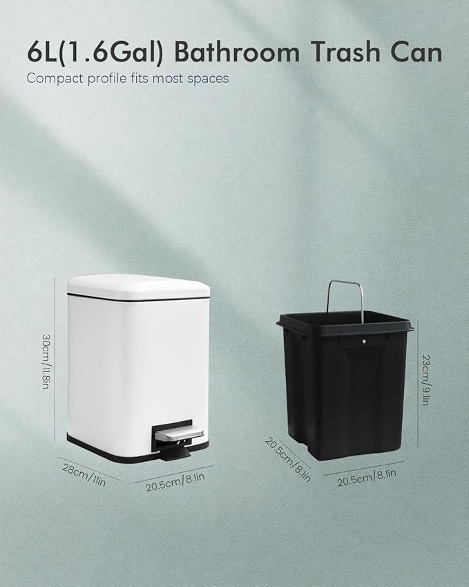 Bathroom Trash Can with Lid, 6 Liter / 1.6 Gallon Small Trash Can with Removable Liner Bucket, Soft Close lid & Step Pedal, White Stainless Steel Garbage Can for Bedroom, Office, Dorm
