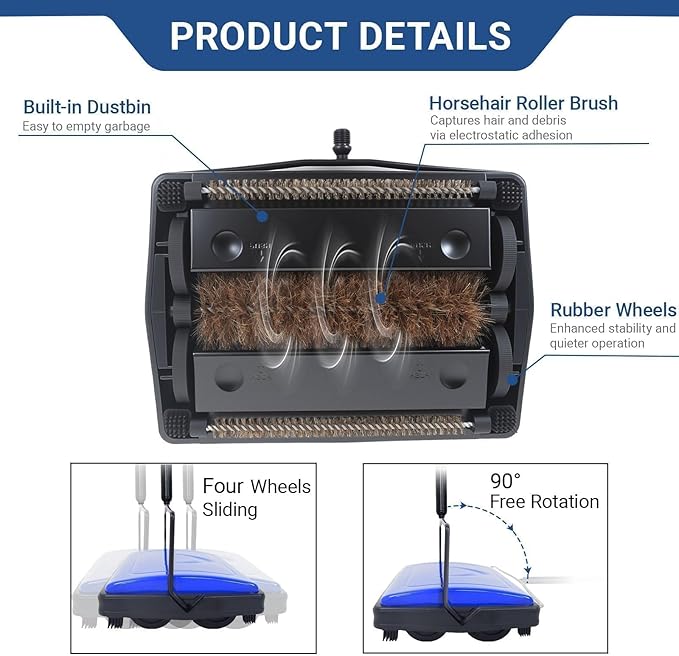 EZ SPARES Horsehair Carpet Sweeper Cleaner for Home Office,5FT Pole for Tall People(1FT Longer Than General)-No More Bending-Horsehair Brush Soft on Hardwood Floors,Pet Hair Cleaner (Cobalt Blue)