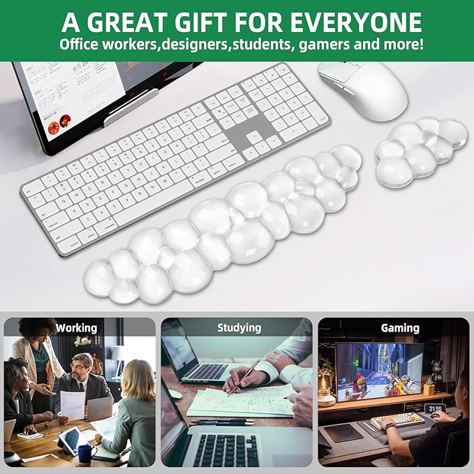 Gel Cloud Keyboard and Mouse Wrist Rest Set, Cute Ergonomic Wrist Support and Arm Support Keyboard Rest for Typing Pain Relief，Suitable for Office/Computer/Laptop/Gaming (Transparent White Set)