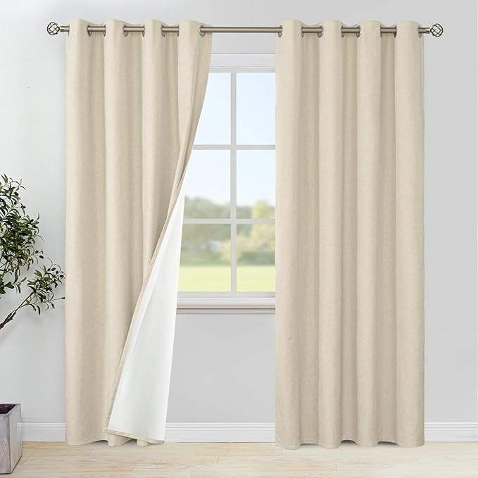 YoungsTex Natural Linen 100% Blackout Curtains for Bedroom 80 Inch Length, Thermal Insulated Drapes with Grommet Darkening Heat Blocking for Living Room Farmhouse, 2 Panels, 52 X 80 Inch
