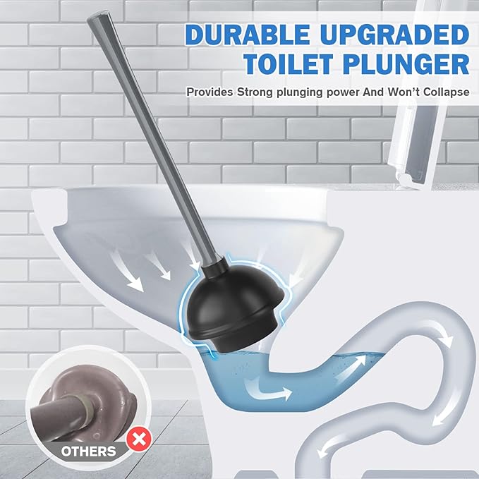 Toilet Plunger and Brush with Holder, Bowl Brush and Heavy Duty Toilet Plunger Set for 5.7-inch Toilet Drain, 2-in-1 Bathroom Cleaning Combo with Modern Caddy Stand (Grey)