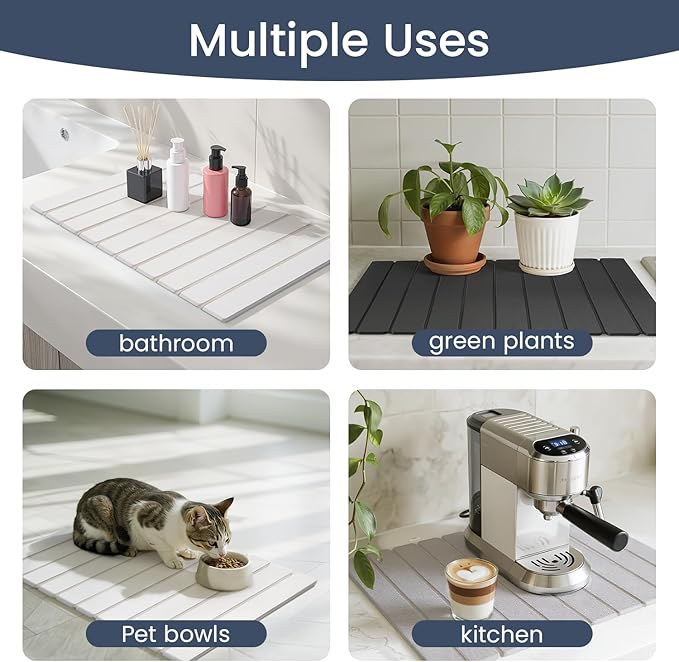 Meowoo Stone Drying Mat for Kitchen Counter, 15.7"x11.8" Foldable Diatomaceous Earth Mat, Super Absorbent, Quick-Dry Bath & Kitchen Pad for Dishes, Cups, Bottles, Non-Slip, Fits Any Countertop - White