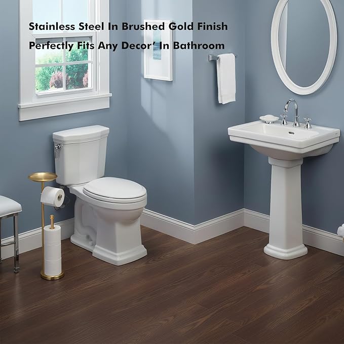 Freestanding Toilet Paper Holder with Shelf, Gold Toilet Paper Stand with Storage Tray and Space for 4 Extra Rolls