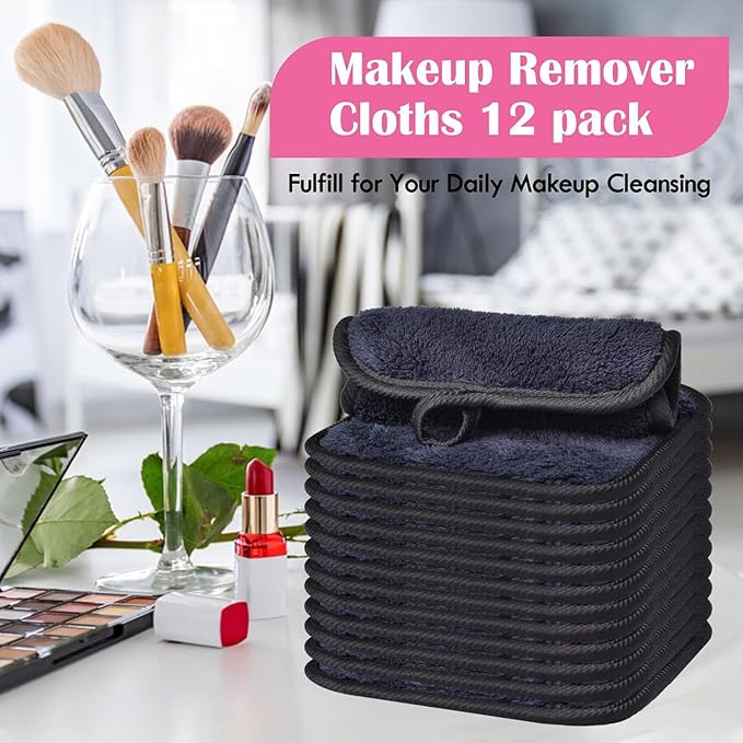 Makeup Remover Cloths for Face, Eye, Lips - Reusable Face Cleansing Cloth Microfiber Makeup Remover Pads 5 x 5 inch 12 Pack (Black)
