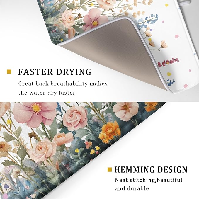 Colorful Flower Dish Drying Mat 18x24 Inch Botanical Floral Drainer Rack Mats Washable Absorbent Dish Dry Pad for Kitchen Counter Sink